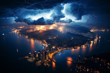 Nighttime aerial view of city with lightning storm in the background