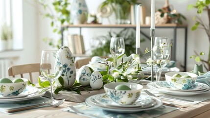 Fototapeta premium Easter eggs and spring flowers on a table, ideal for spring holiday themes 