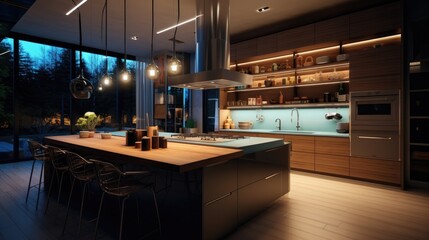 modern kitchen in a loft with wooden floor