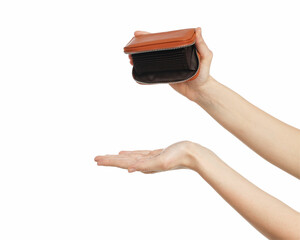 Woman with empty wallet on white background, closeup