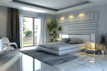 Realistic bright modern double bedroom with furniture