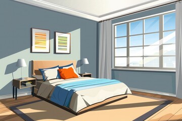 Realistic bright modern double bedroom with furniture