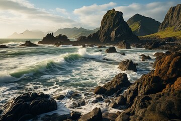 Fototapeta na wymiar Fluid waves crash against rocky shoreline, with mountains in background