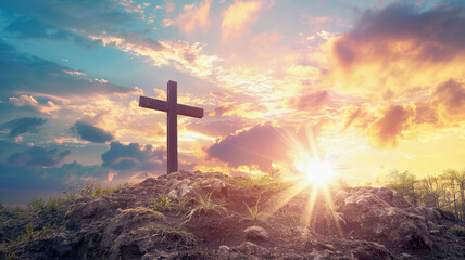 Religious background with cross and sunset sky on mountain hill - obrazy, fototapety, plakaty