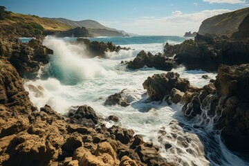 Fototapeta na wymiar Waves crash against rocky shore in natural coastal landscape