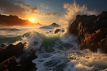 Wind waves crash on rocks at sunset, painting the sky with vibrant colors - obrazy, fototapety, plakaty