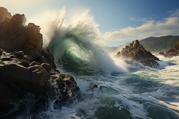 A powerful wind wave crashes on the rocky shoreline - obrazy, fototapety, plakaty