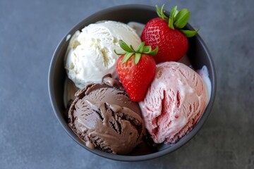 Ice cream in black bowl with strawberries, gray background