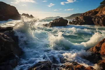 Tuinposter Water crashing on rocks along the shore, part of the natural coastal landscape © 昱辰 董