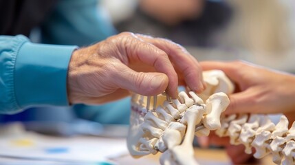 A closeup of hands performing a manual therapy technique on a model emphasizing the handson learning aspect of physical therapy research and education.