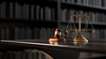 Legal concept: Scales of justice and and the judge's gavel hammer as a symbol of law and order on the background of books