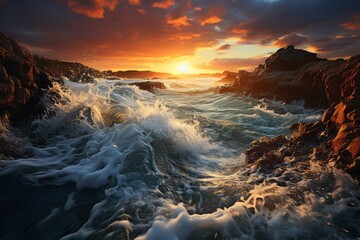 Wind waves crash against rocks at sunset, painting a stunning natural landscape - obrazy, fototapety, plakaty