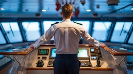 Navigation officer on watch in captain s bridge of cruise ship during cargo operations