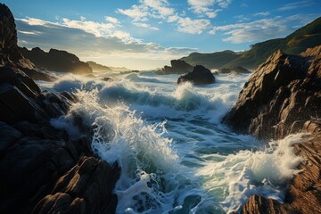 Water waves crash against the rocky shore, blending with the natural landscape - obrazy, fototapety, plakaty