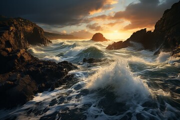 Clouds drifting by as waves crash against rocks at sunset in a natural landscape - obrazy, fototapety, plakaty