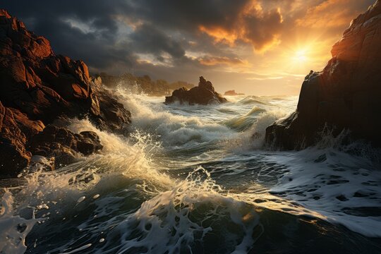 a sunset over a rocky beach with waves crashing against the rocks