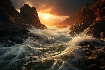 Water waves crash at rocks in river under sunset sky