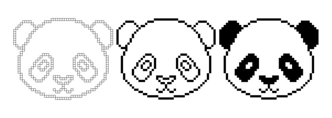 pixel art panda face icon set isolated on white background