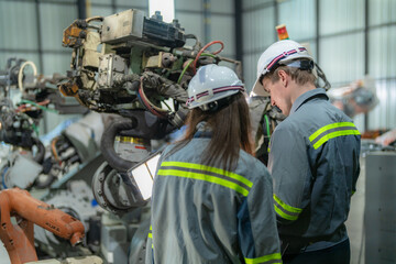 Factory engineer woman inspecting on machine with smart tablet. Worker works at machine robot arm. The welding machine with a remote system in an industrial factory. Artificial intelligence concept.