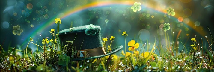 Rainbow over Green grass with clover leaves and a St. Patrick hat on a bokeh background.