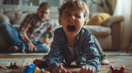 A parent sitting on the floor with their child who is throwing a tantrum and screaming for a toy. The parent looks frustrated but does not try to calm the child down. - obrazy, fototapety, plakaty