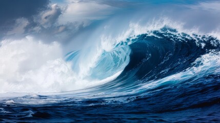 Powerful side view of a colossal ocean wave crashing dramatically under a clear blue sky