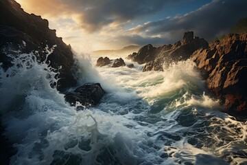 Water waves crash against rocky shore in a natural landscape - obrazy, fototapety, plakaty