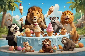 Fotobehang Cartoon zoo scene with animals eating ice cream © ASGraphics
