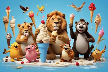 Gartenposter Cartoon zoo scene with animals eating ice cream © ASGraphics