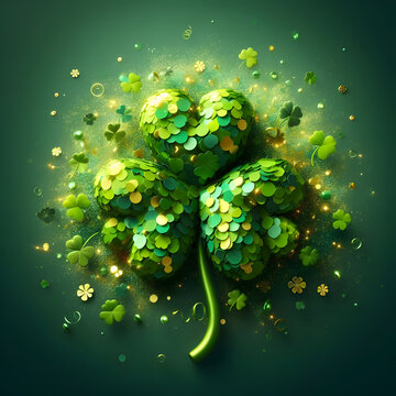 St. Patrick’s Day Shamrock  with gree confetti explosion, isolated on a  Green background, Celebrating Patrick's Day, Clover