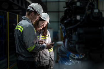 Factory engineer woman inspecting on machine with smart tablet. Worker works at machine robot arm. The welding machine with a remote system in an industrial factory. Artificial intelligence concept.