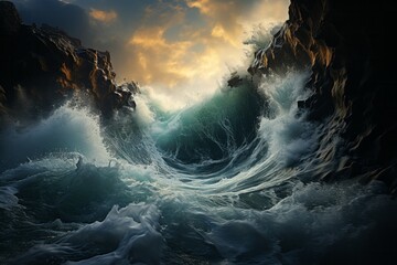 Water wave colliding with a rocky cliff in the vast ocean landscape - obrazy, fototapety, plakaty