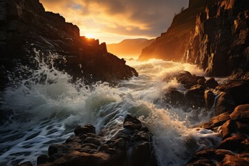 Sunset over ocean, waves crash on rocks in fluid motion amidst natural landscape