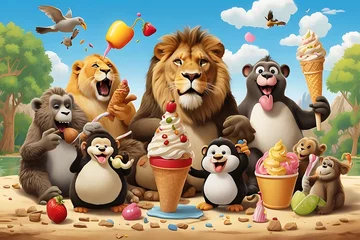 Tuinposter Cartoon zoo scene with animals eating ice cream © ASGraphics