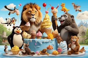 Gordijnen Cartoon zoo scene with animals eating ice cream © ASGraphics