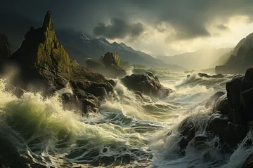Gartenposter A dramatic painting of a stormy ocean with rocky mountains under a cloudy sky © 昱辰 董