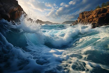 Foto auf Leinwand Water wave hitting rocky shore in stunning natural landscape © 昱辰 董
