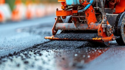 Asphalt paver machine laying fresh asphalt on a brand new road construction project