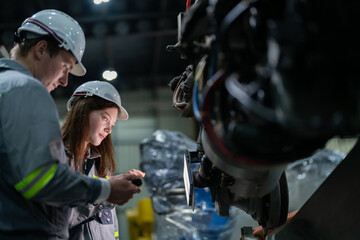 Factory engineer woman inspecting on machine with smart tablet. Worker works at machine robot arm. The welding machine with a remote system in an industrial factory. Artificial intelligence concept.