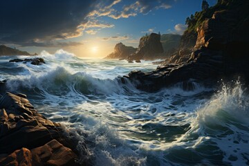 a large body of water is crashing against a rocky shoreline at sunset - Powered by Adobe