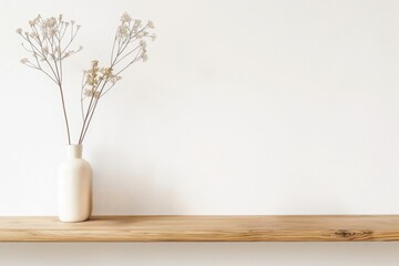 Minimalist Vase with Plant on Wooden Shelf with White Wall Background. Useful for Mock Up.