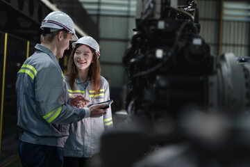 engineers check control heavy machine robot arm. Diverse Team of Industrial Robotics Engineers Gathered Around Machine. Professional Machinery Operators repair electric robot on bright digital panel.