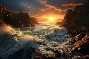 Fotobehang Sunset painting the rocky shoreline with crashing waves, under a cloudy sky © 昱辰 董