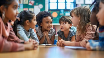 Fototapeta premium A group of children sit around a table with their teacher discussing different emotions and how to identify them in themselves and others. They are learning the foundations