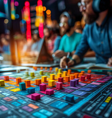Obraz premium board with colored pieces in square and rectangular shape, strategy and creativity, concept of a team working on a brainstorm of ideas