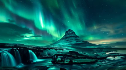 Foto auf Alu-Dibond Kirkjufell A beautiful landscape with a waterfall and a green mountain. The sky is filled with auroras, creating a serene and peaceful atmosphere