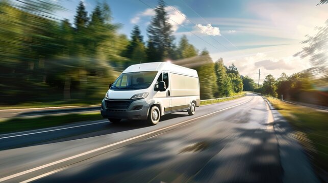 White modern delivery small shipment cargo courier van moving fast on motorway road to city