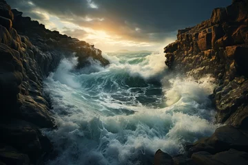 Poster Water crashing against cliff at sunset, creating a dramatic natural landscape © 昱辰 董