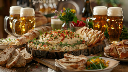 Obraz premium A festive table set with a giant platter of Obatzda German cheese spread topped with paprika and chives served with freshly baked rye bread and steins of icecold beer.