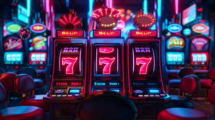A casino with three slot machines with neon lights and the numbers 1 through 7. The casino is brightly lit and has a neon atmosphere - obrazy, fototapety, plakaty